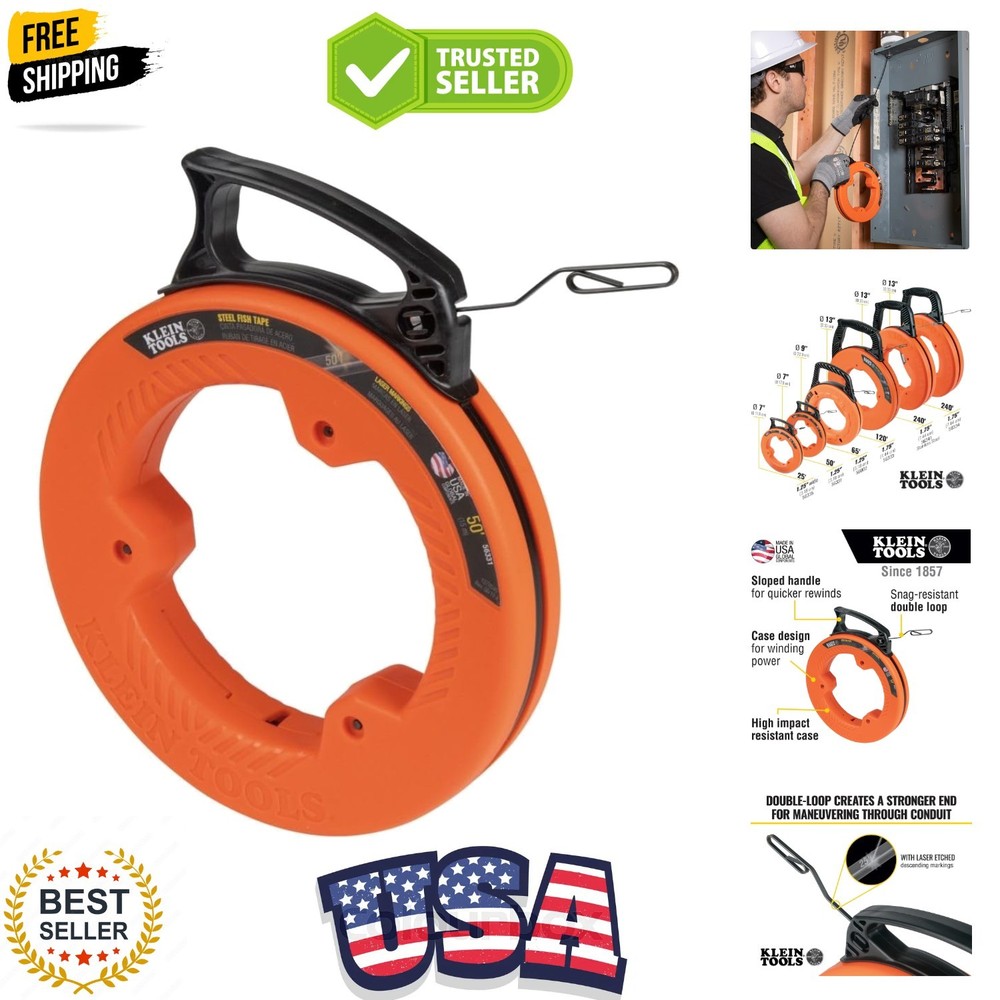 56331 50-Foot Electrical Fish Tape, Steel Wire Puller with Double Loop Tip, O...