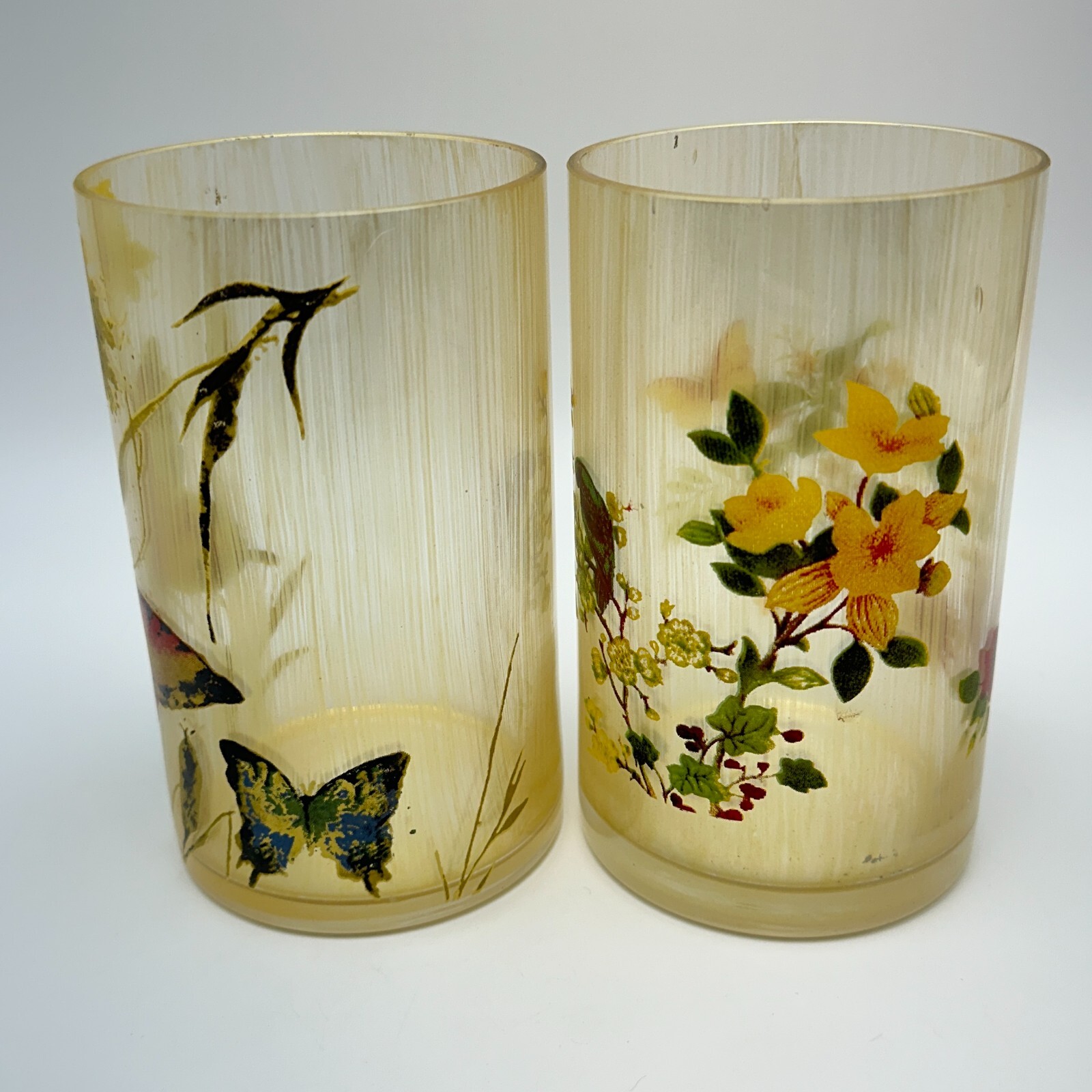 MCM Drinking Glasses Set Butterfly Floral Art Painted 6in Tall Vintage Decor