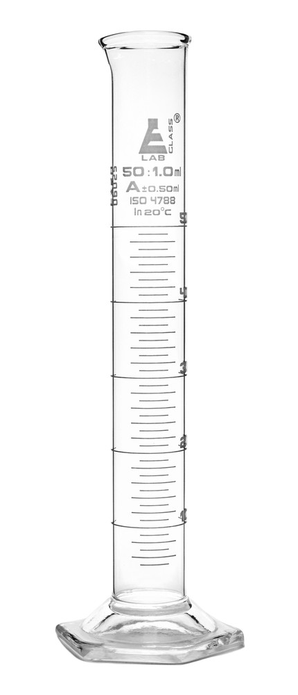 Eisco Labs 50ml Graduated Cylinder, Class A - White Graduations, Hexagonal Base