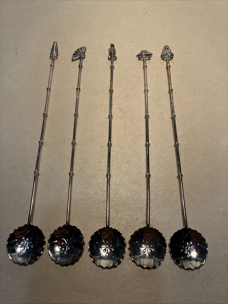 Vintage Tsp Cocktail Stirrers Silver Plated Asian Charms 5 Pc. Set Godinger 7.5”