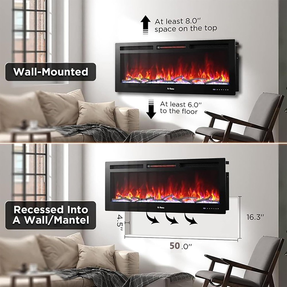 50" 1500W Wall Mounted Electric Fireplace Remote Control Adjustable 12 Flames