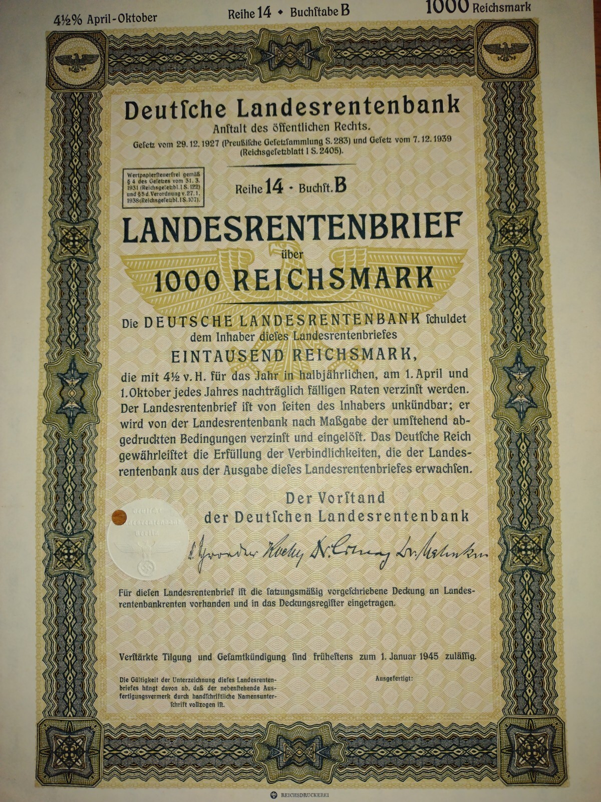 1939 Nazi German 1000 Reichsmark Pension Fund Treasury Bond with Swastika