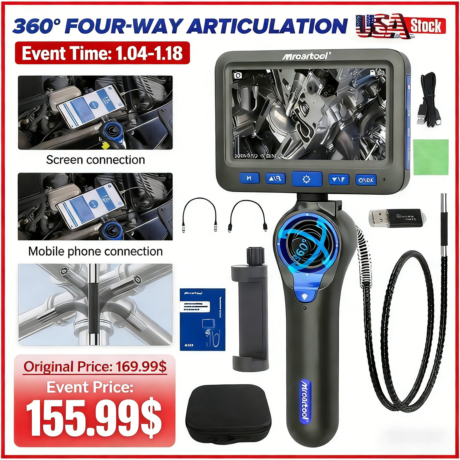 4 Way 360° Articulating Borescope 6 Led light Inspection Camera Endoscope 6.25mm