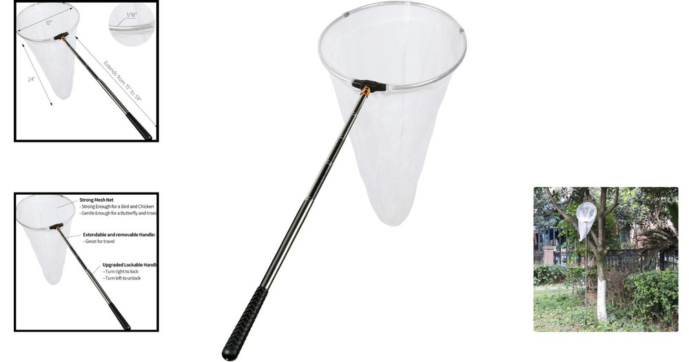 Durable Multi-Color Insect & Butterfly Net - 12" Ring, 59" Extendable Handle