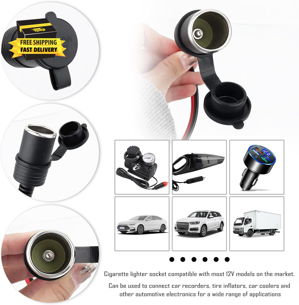 12V Cigarette Lighter Socket Replacement with 3Ft Extension Cord & Battery Allig