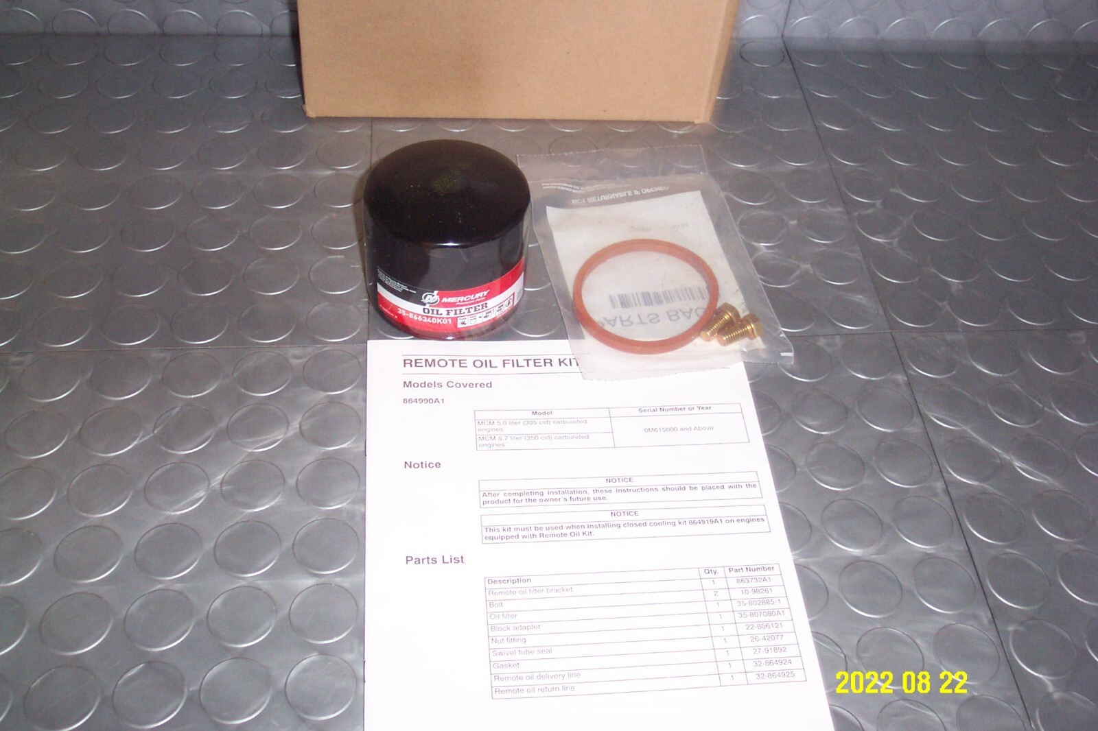 Mercury MerCruiser Quicksilver Small Block Remote Oil Filter Kit OEM PN 864990A1
