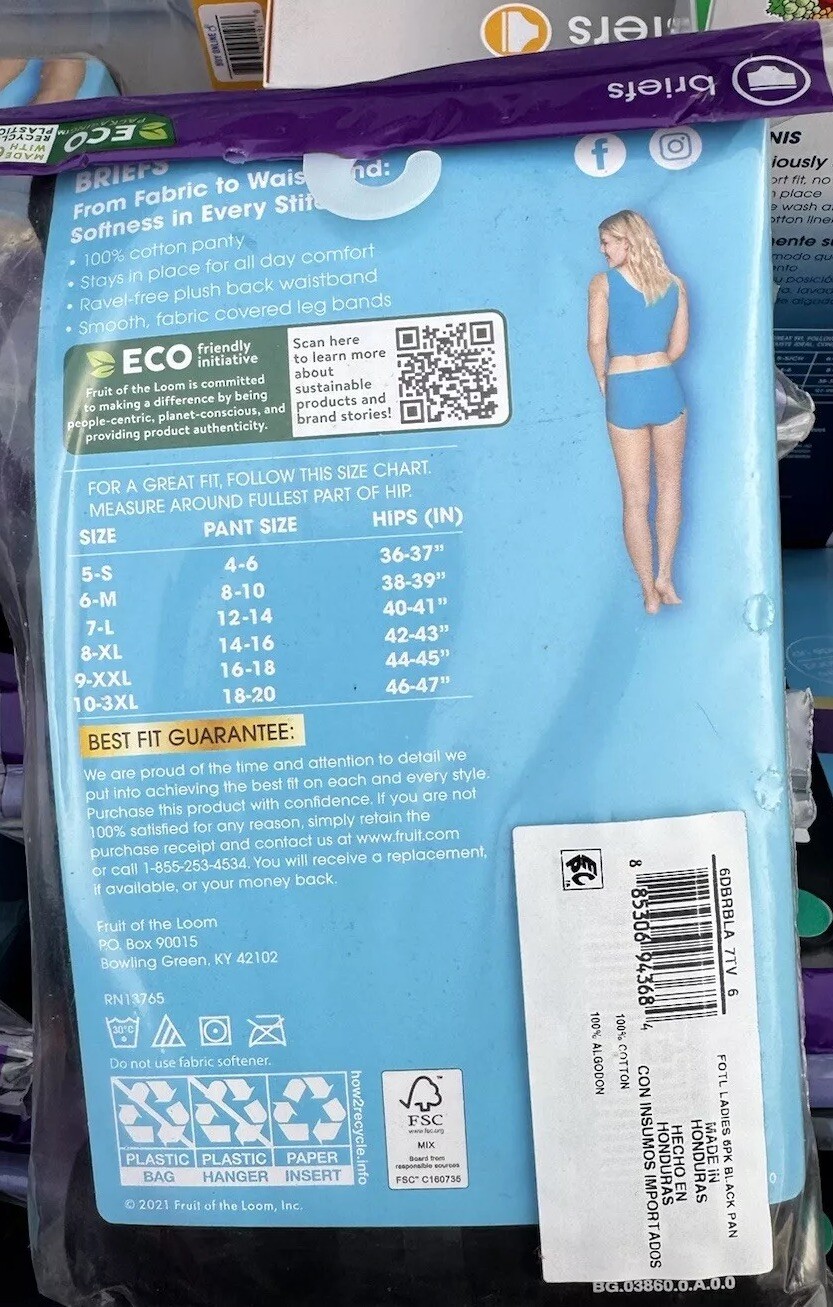 Fruit of the Loom Women's Black Brief Underwear, 6-Pack, Size 8/XL