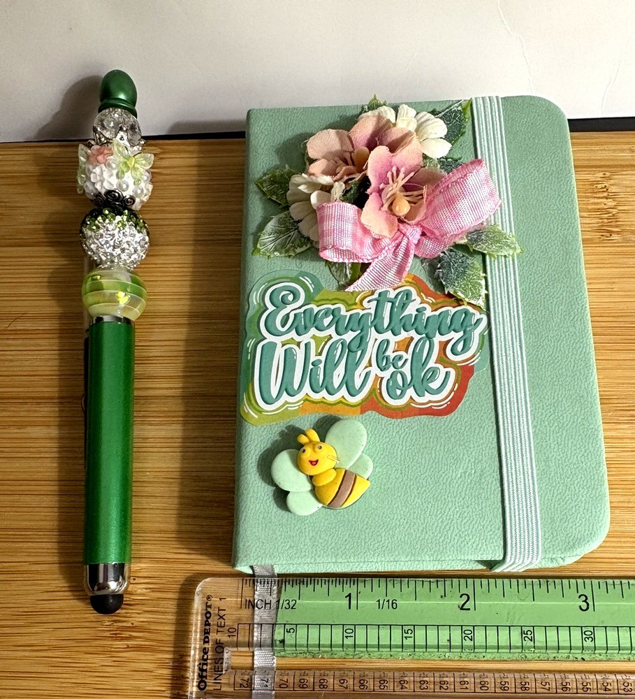 HANDCRAFTED  BEADED  PEN  & NOTE PAD  SET -everything Will Be Ok