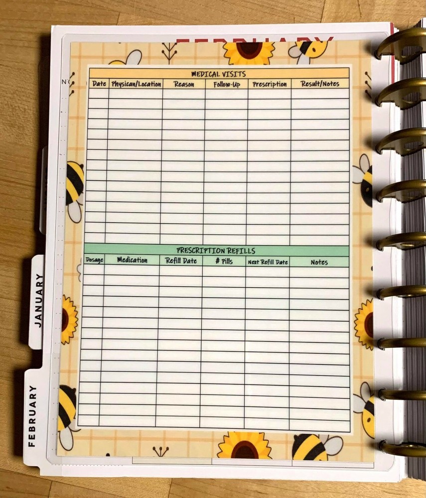 Medical History Tracker Two Sided Dashboard Insert for use with Happy Planner