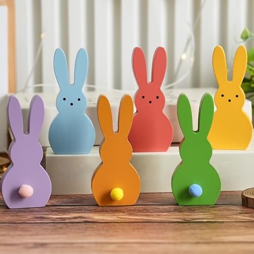 Easter Decorations Bunny Figurine, Wooden Bunny Decor for Set of 6 Multi-color