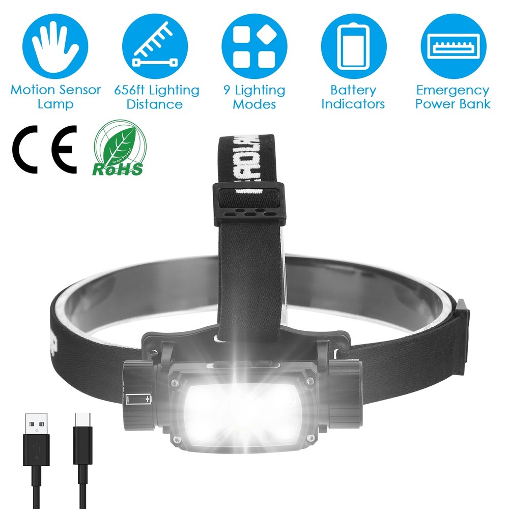 USB Rechargeable LED Headlamp Hand Wave Headlight Flashlight Torch Lamp 9 Modes