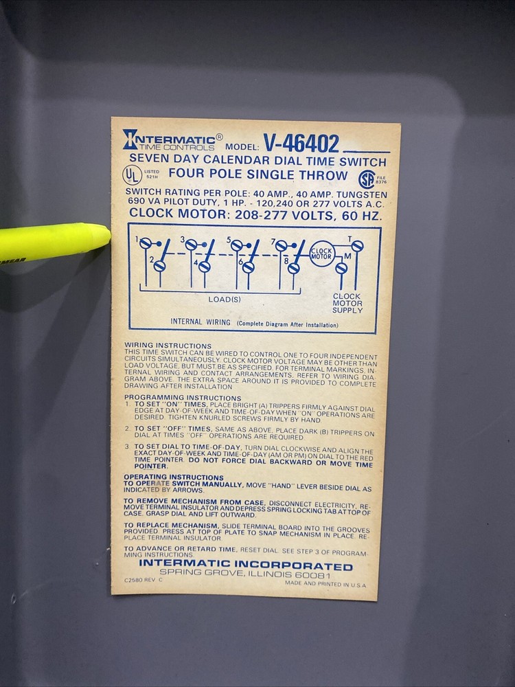 INTERMATIC TIME CONTROL Model V-46402 4-Pole single throw 208-240V