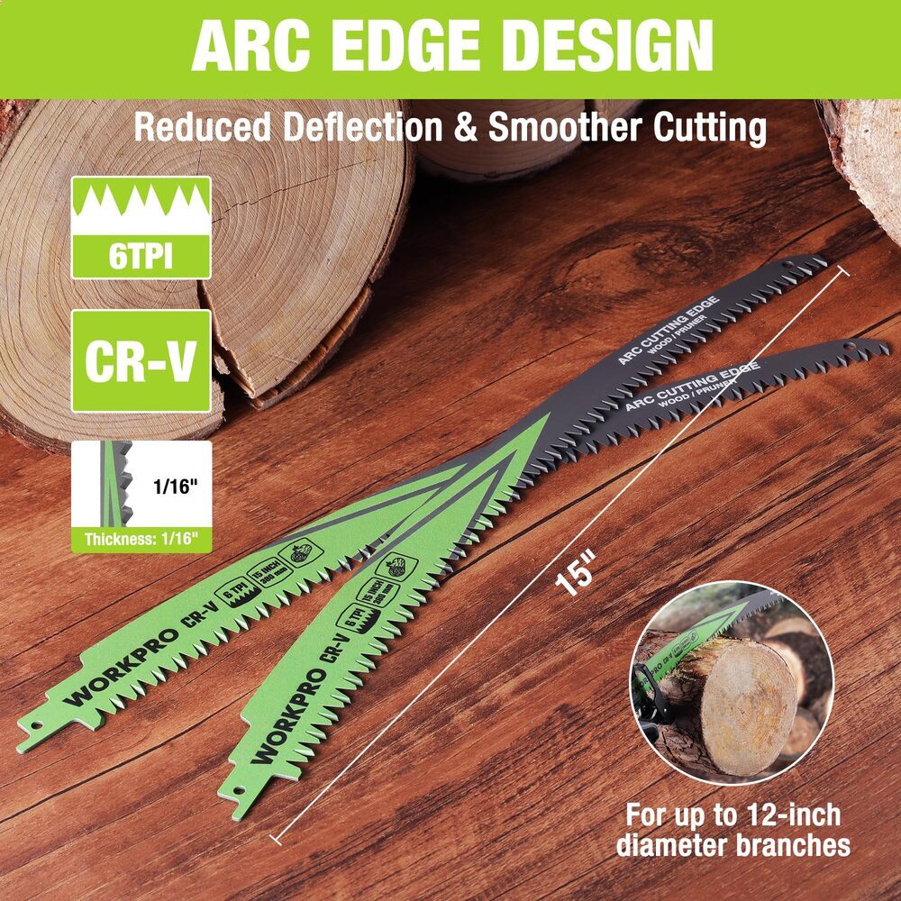 WORKPRO 5PCS 15" Wood Pruning Reciprocating Saw Blades Set Arc Cutting Edge 6TPI