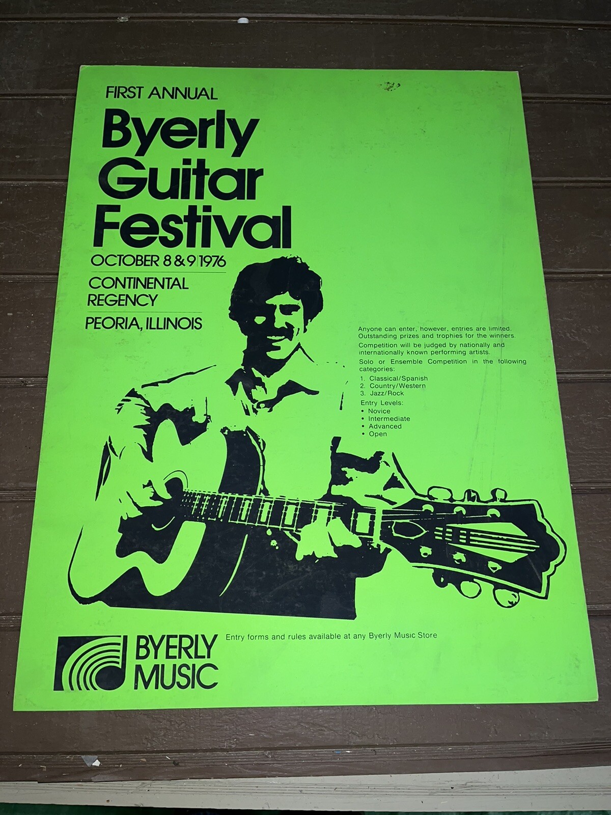 Vintage 1978 Byerly Music Guitar Festival Cardboard Sign - NOS Peoria ILL Retro