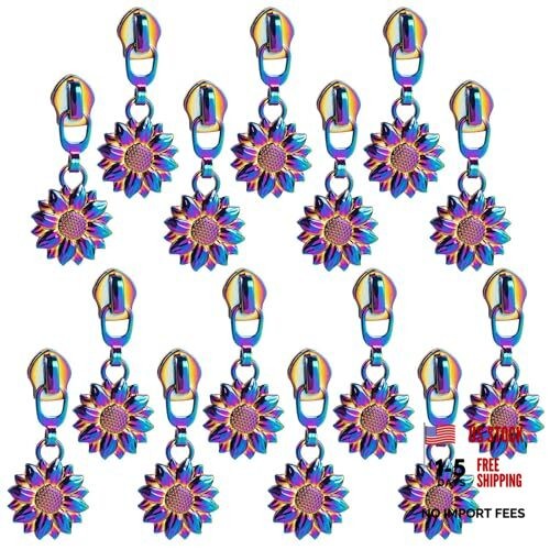 Framendino, 15 Pack Metal Zipper Pulls #5 Rainbow Sunflower Pull Replacement