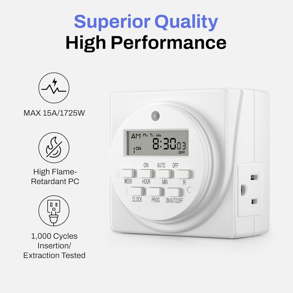 BN-LINK 7 Day Heavy Duty Digital Programmable Timer, 3-Prong,1-Pack, White