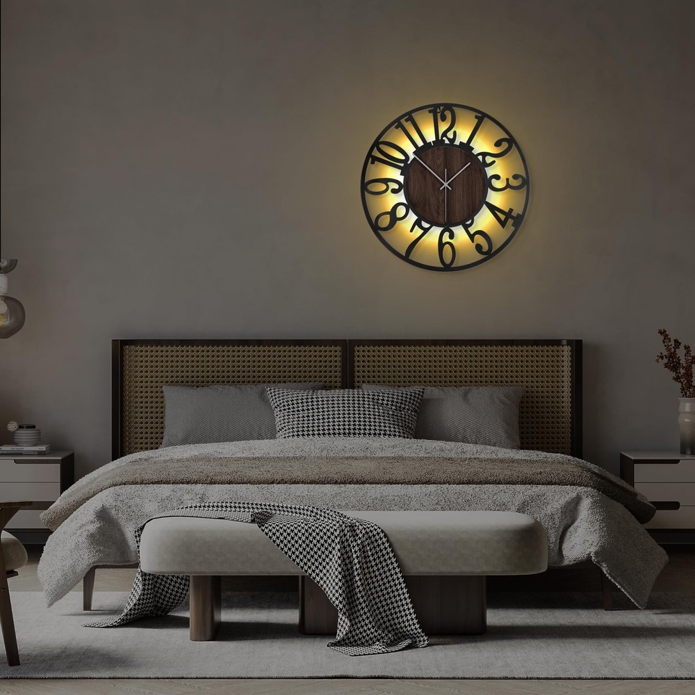 LEIKE Large Wall Clock 20'' Lighted Rustic Wood Clock with Remote Timer, Sile...