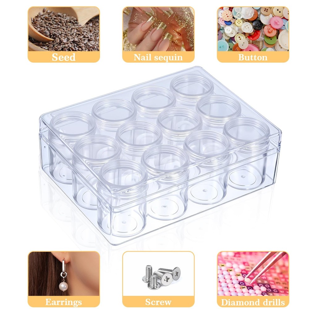2 Pack Clear Plastic Bead Storage Containers 12 Grids Portable Small Diamond ...