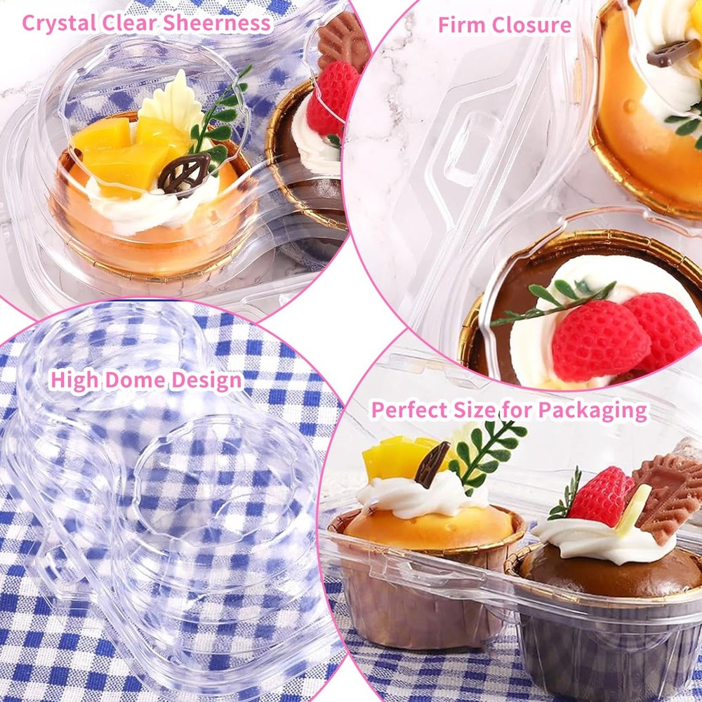 50Pack Disposable Cupcake Containers, 2 Compartment Clear Cupcake Holder,