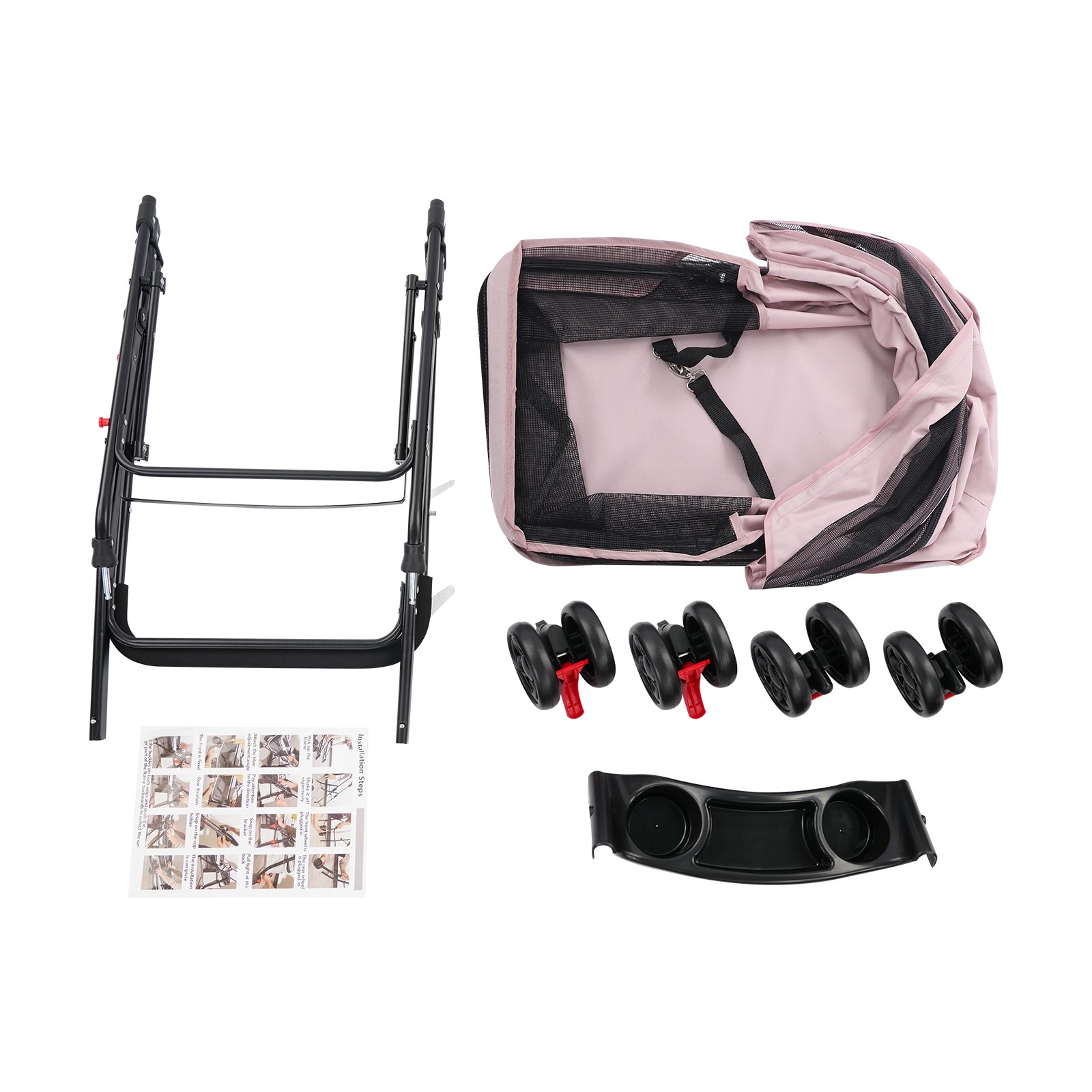 Dog Cat Stroller Pet Travel Carriage 4 Wheels Foldable Pets Carrier Cart PINK