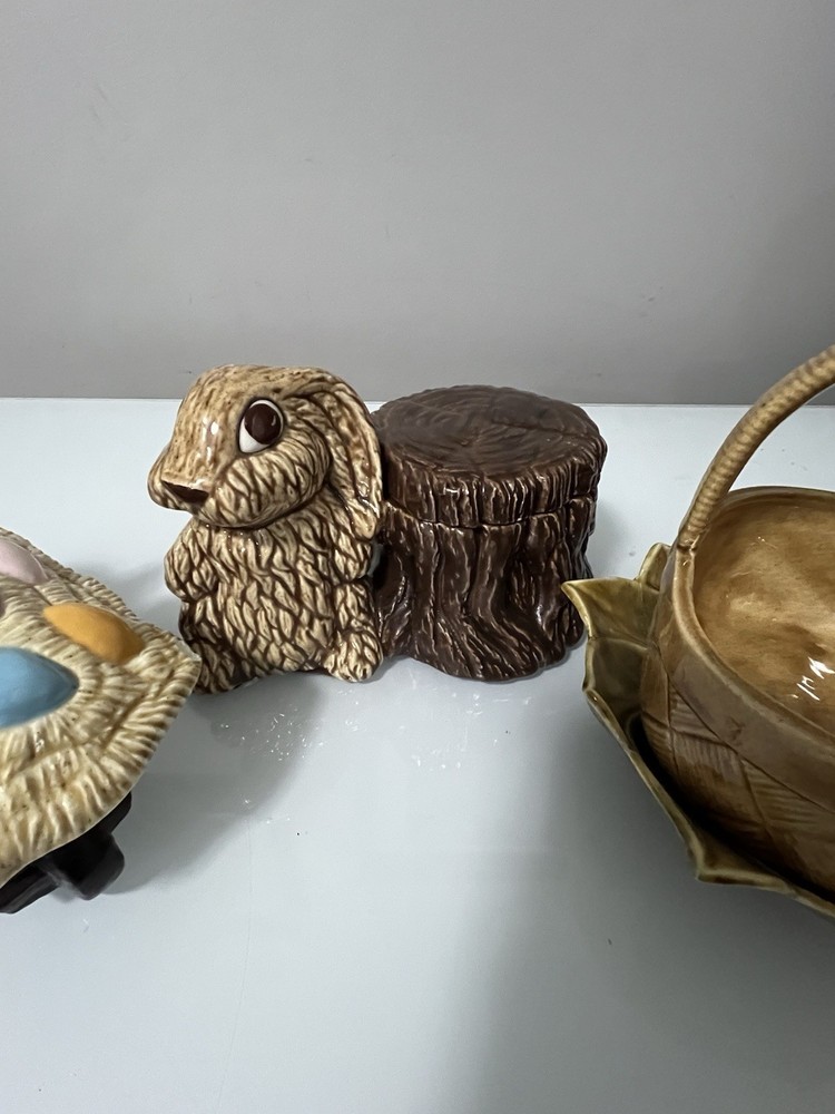 3 Vtg Ceramic Easter Bunny Candy Dishes And Basket