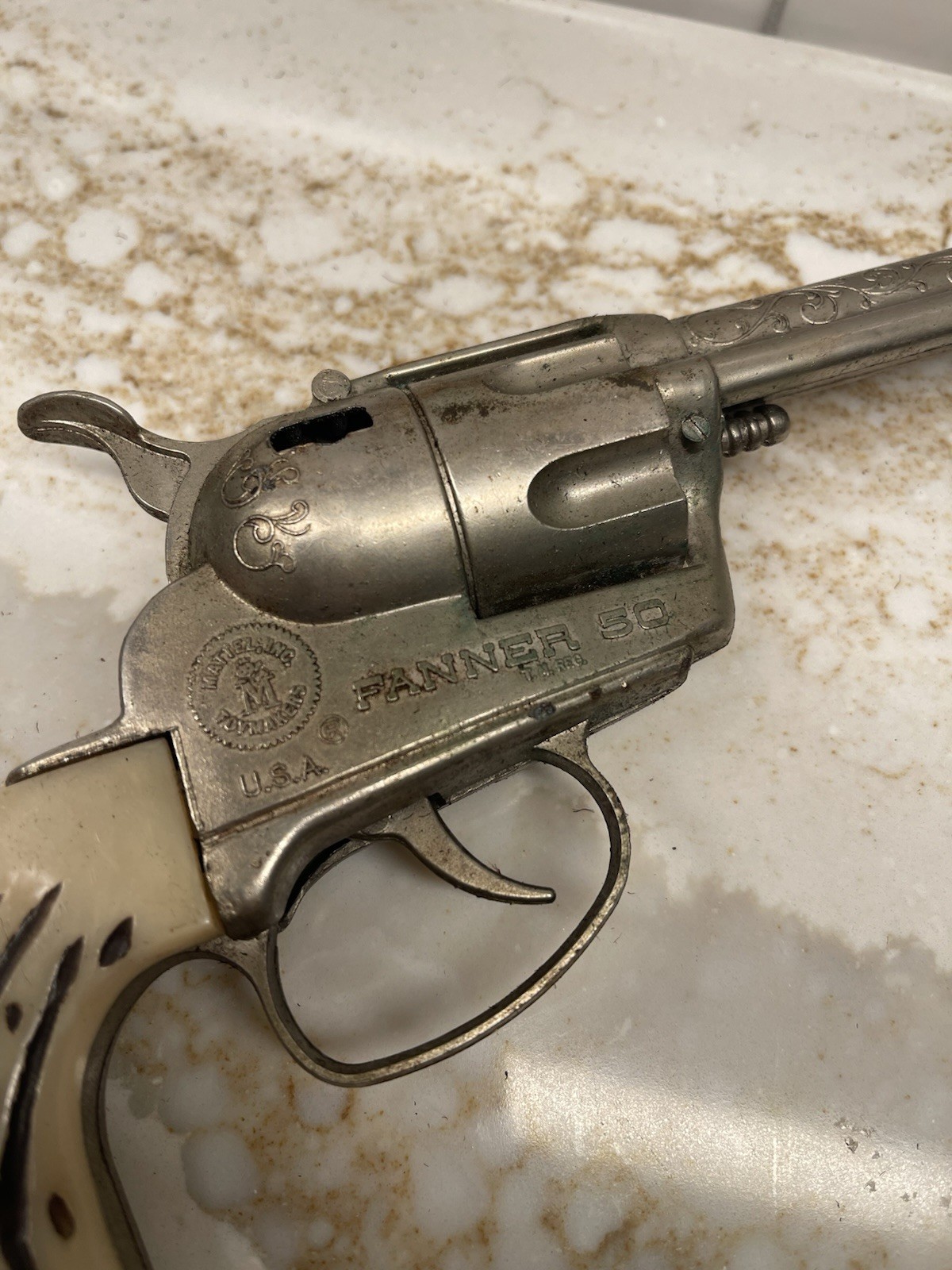 1960s VTG Mattel Fanner 50 Toy Cap Replica Gun Used Leather Holster MADE IN USA