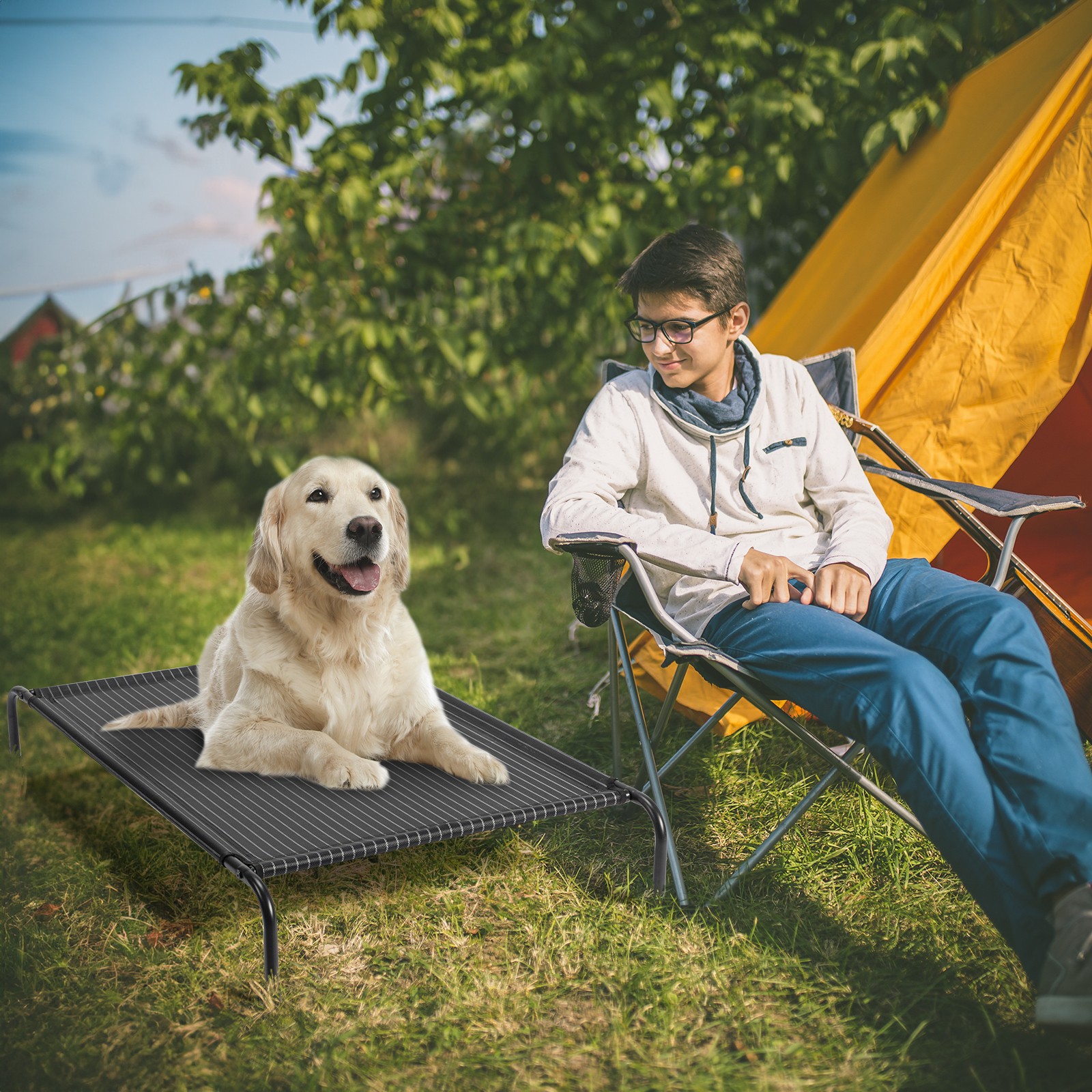 Portable In/Outdoor Pet Cot 50" Cooling Elevated Dog Bed with Metal Frame Raised