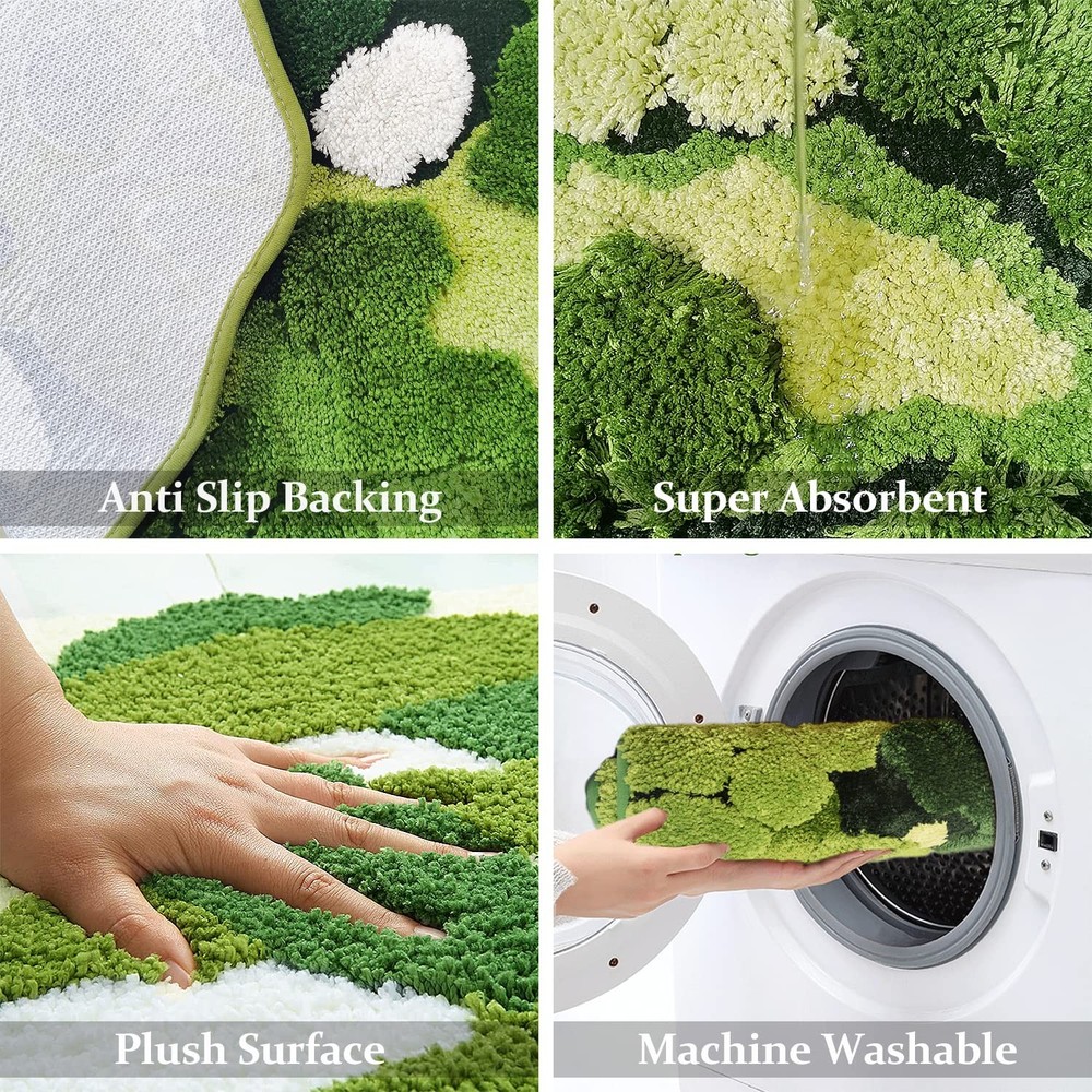 Cute Green Moss Bathroom Runner Rug Long Rectangular Boho Aesthetic Leaf Leav...