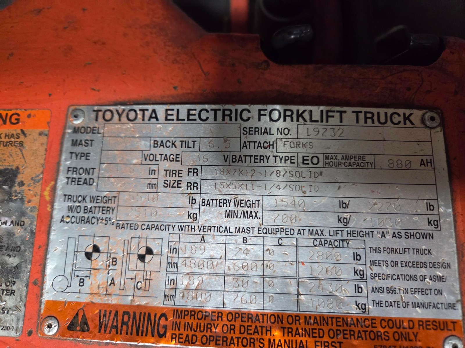 2008 Toyota Forklift model 7FBEU15 serial #19732 fork positioning 26066hrs