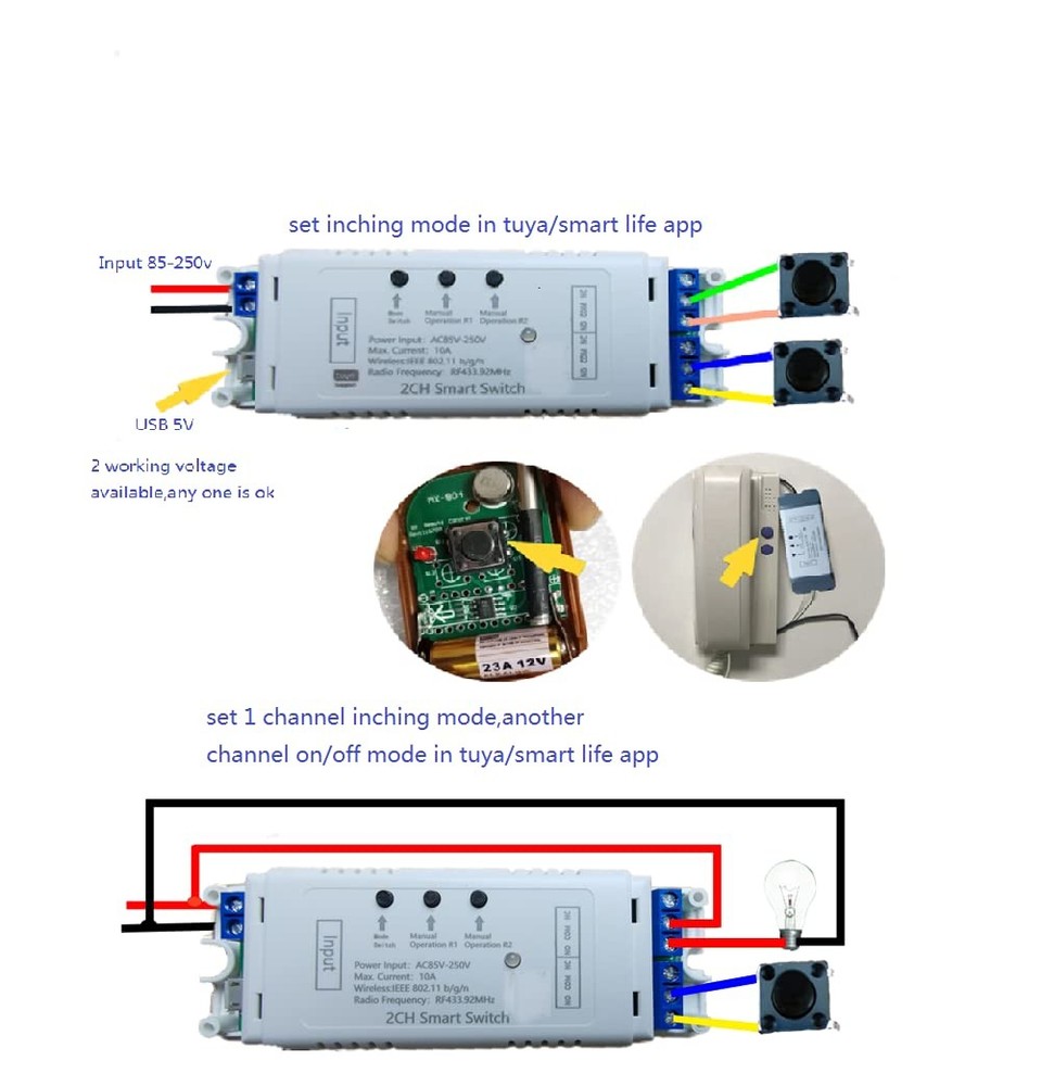 2CH WiFi RF Wireless Switch Relay,Inching Self-Locking Interlock Mode,Compati...