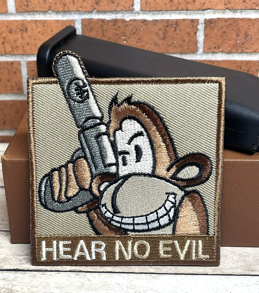 Tactical Monkey Gun Patch - Embroidered Morale Hear No Evil Monkey Patch