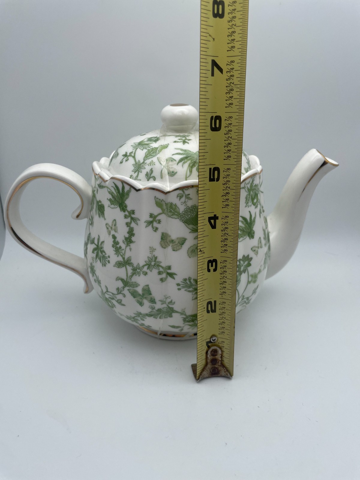 Grace Teaware Shabby Chic Green Floral Gold Trim Fine Porcelain Teapot & Lid B97