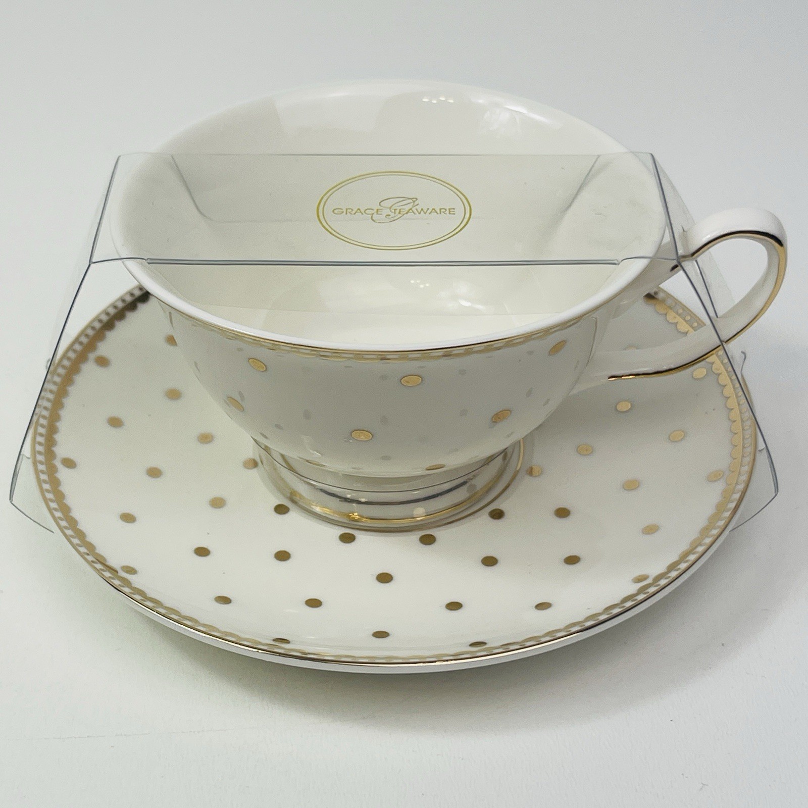 Grace Teaware Teacup Saucer White With Gold Trim Polka Dots New