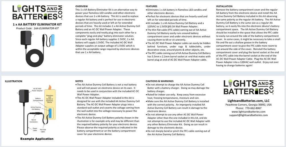 1 x AA Battery Replacement Eliminator Kit for Electronic Devices