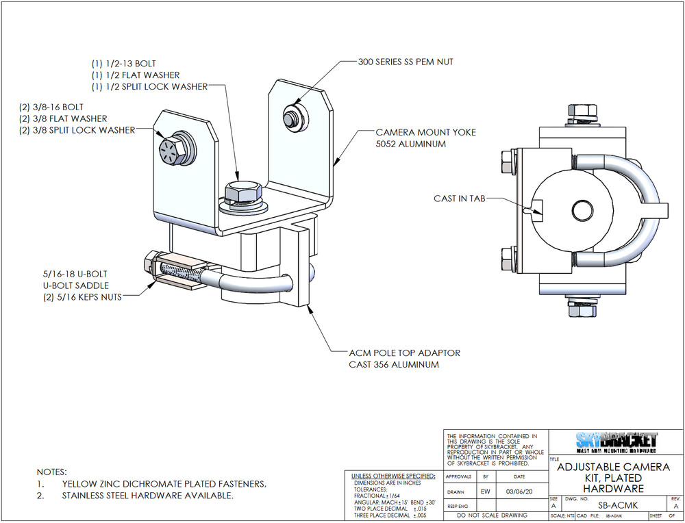 Sky Bracket SS-SB-ACMK - SS Adjustable Camera Mount Kit - Plated Hardware