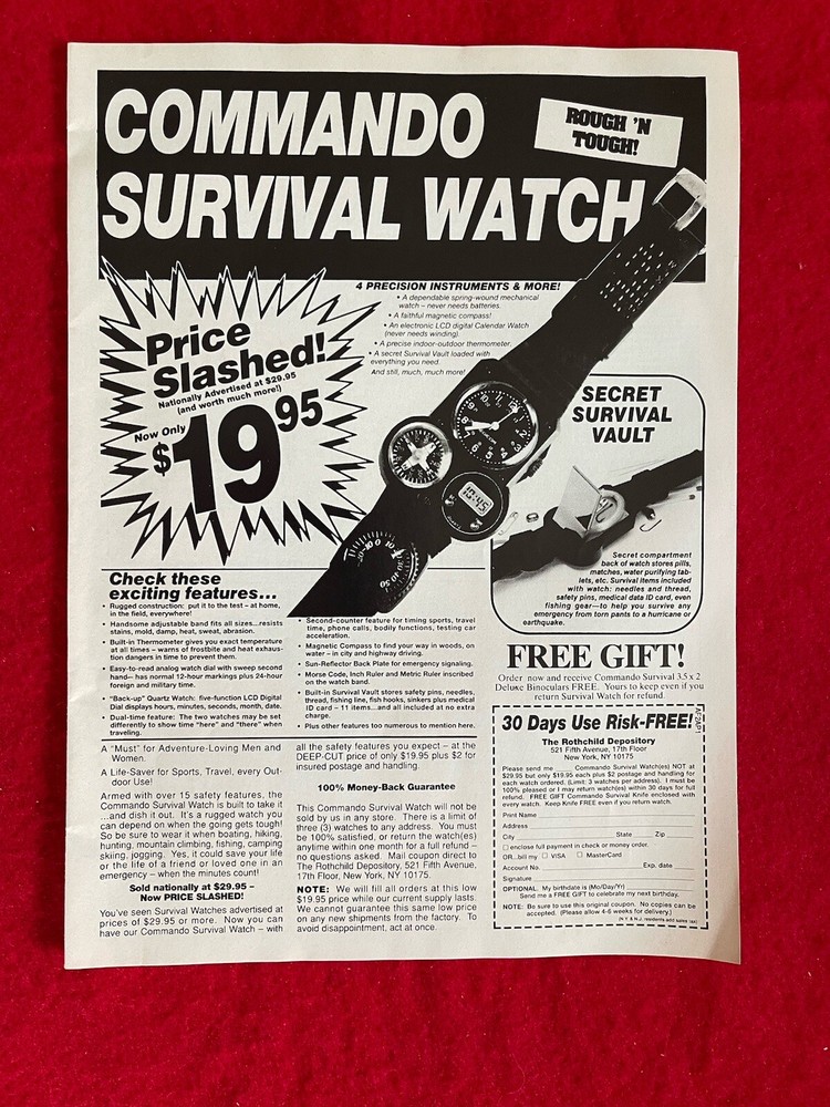 Vintage 1990 Print Ad Commando Survival Watch Advertisement