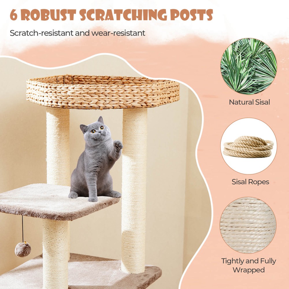 52" Cattail Cat Tower W/ Sisal Scratching Posts Perch Dangling Ball Cat Tree