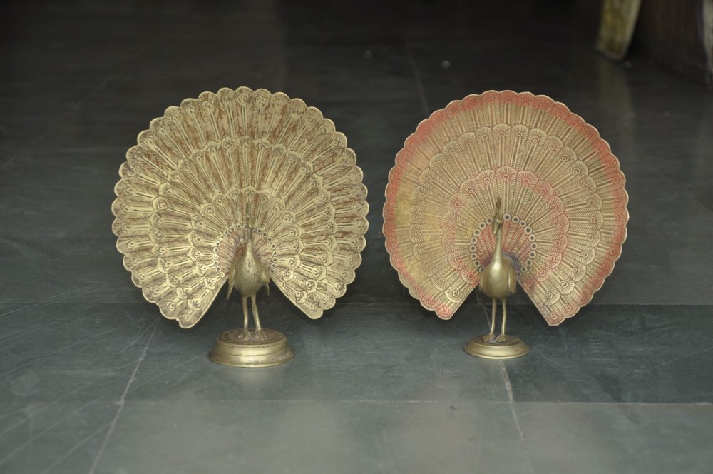2 Pc Vintage Peacock Brass Handcrafted Engraved Lacquer Figurines
