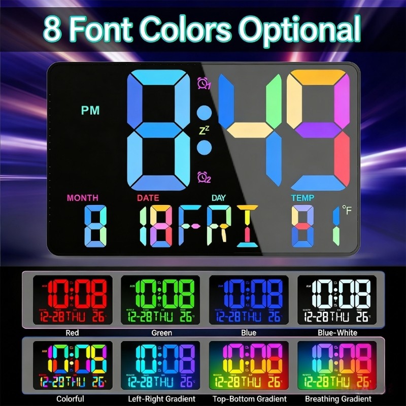 Digital Wall Clock Wall Clocks with Colors Changing Alarm Clock Remote Control