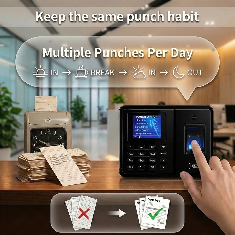 Time Clock System: App Control & 5s Fast Connection, Customizable Rules & 4 Payr
