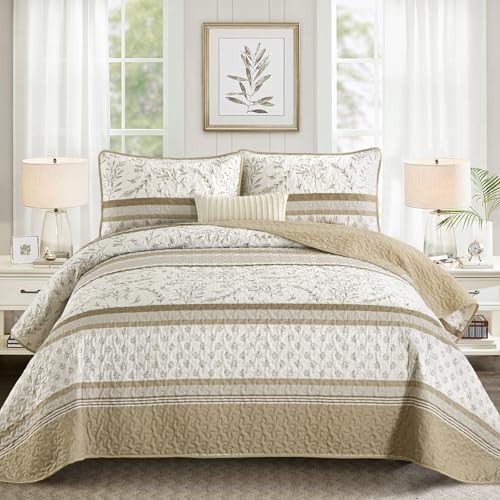 Striped Quilt Set Size Boho Striped Patchwork Leaves Printed Queen Brown