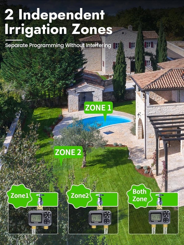 2-Zone Brass Water Timer Outdoor Hose Faucet Controller Rain Delay