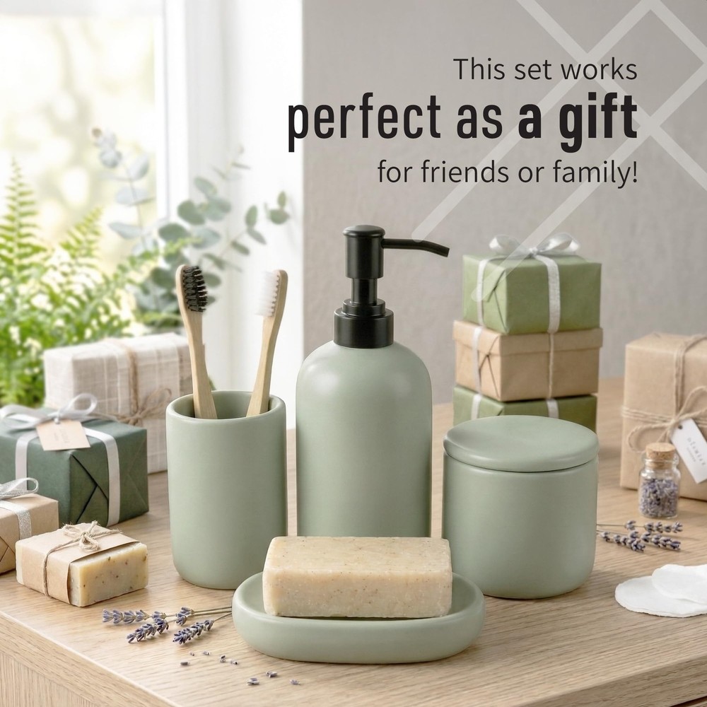 Ceramic Bathroom Accessories Set 4 Pcs – Modern Scandinavian Sage Green