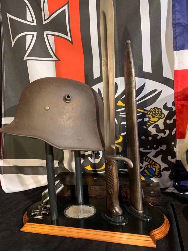 Combination Helmet/Bayonet Display Stand. Customized with Scabbards/Nameplates
