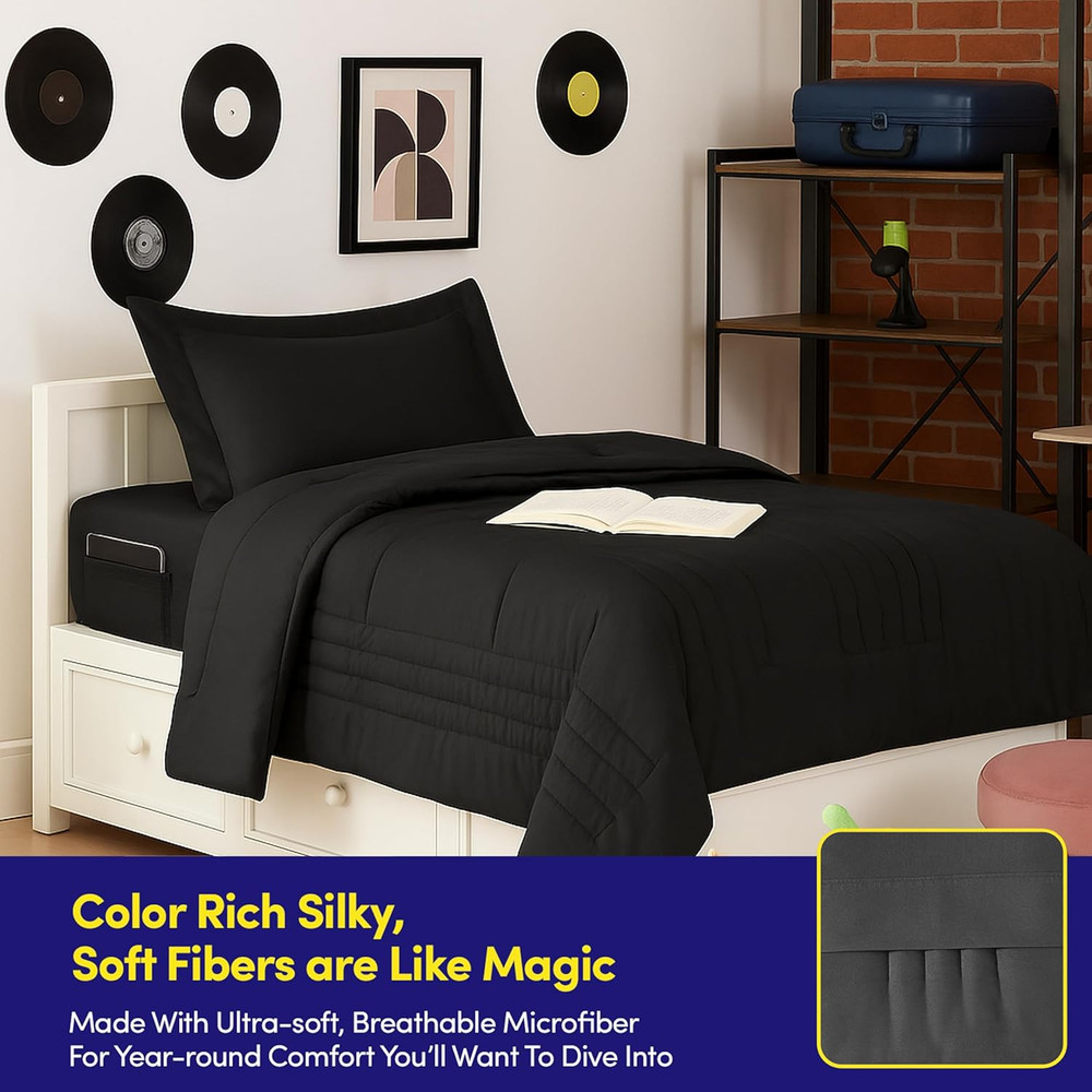 Twin Size Comforter Set Quilted Stripe Bedding Bundle – Comforter, Mattress Prot