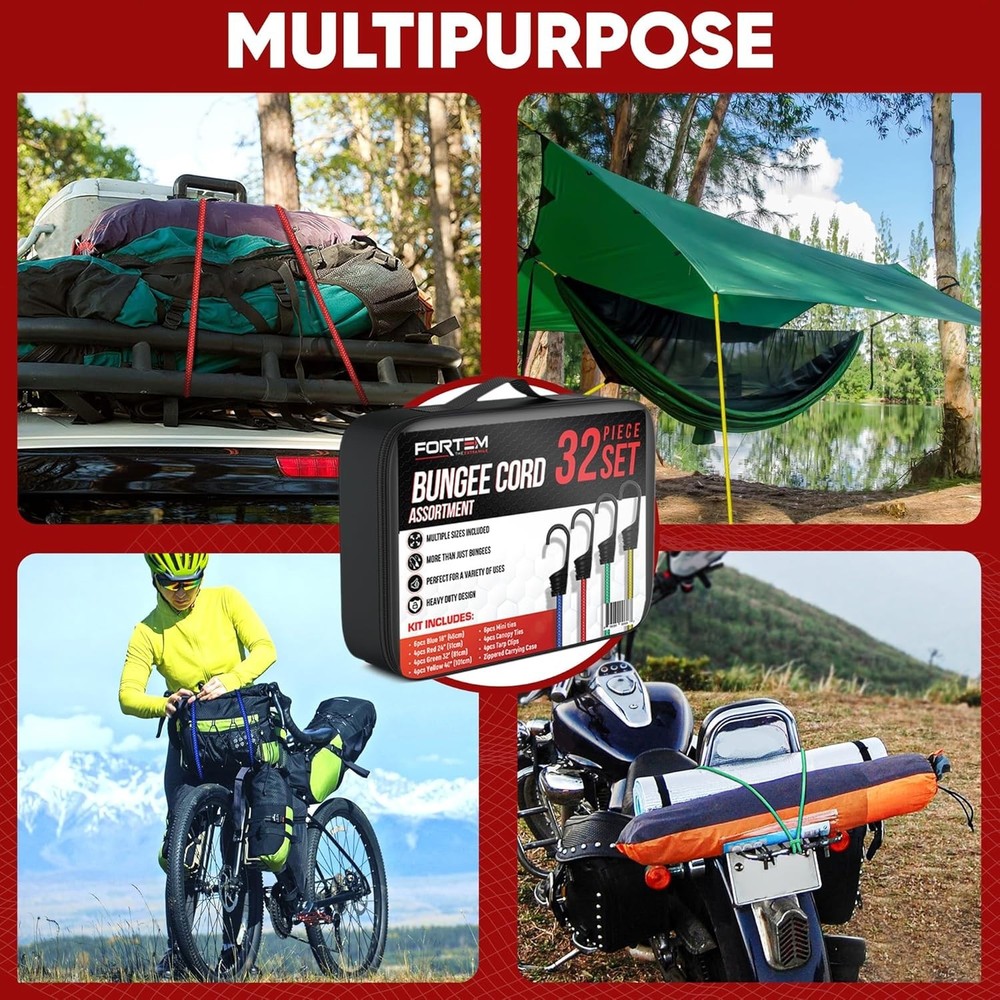 Complete Bungee Cord Set: 32-Pack with Heavy-Duty Hooks & Easy Storage Solution