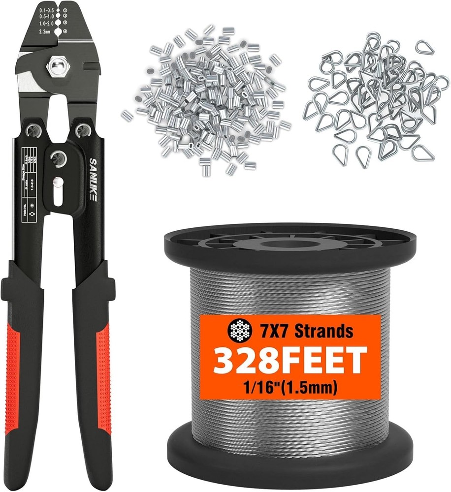 Wire Rope Crimp Kit 328ft Stainless Steel Cable, Crimp Loop Sleeves & Thimbles
