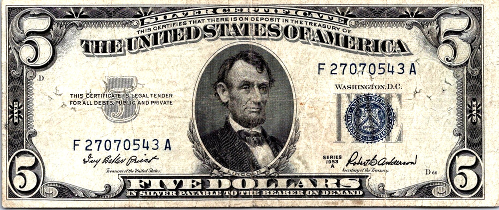 1953-A $5 Silver Certificate VF