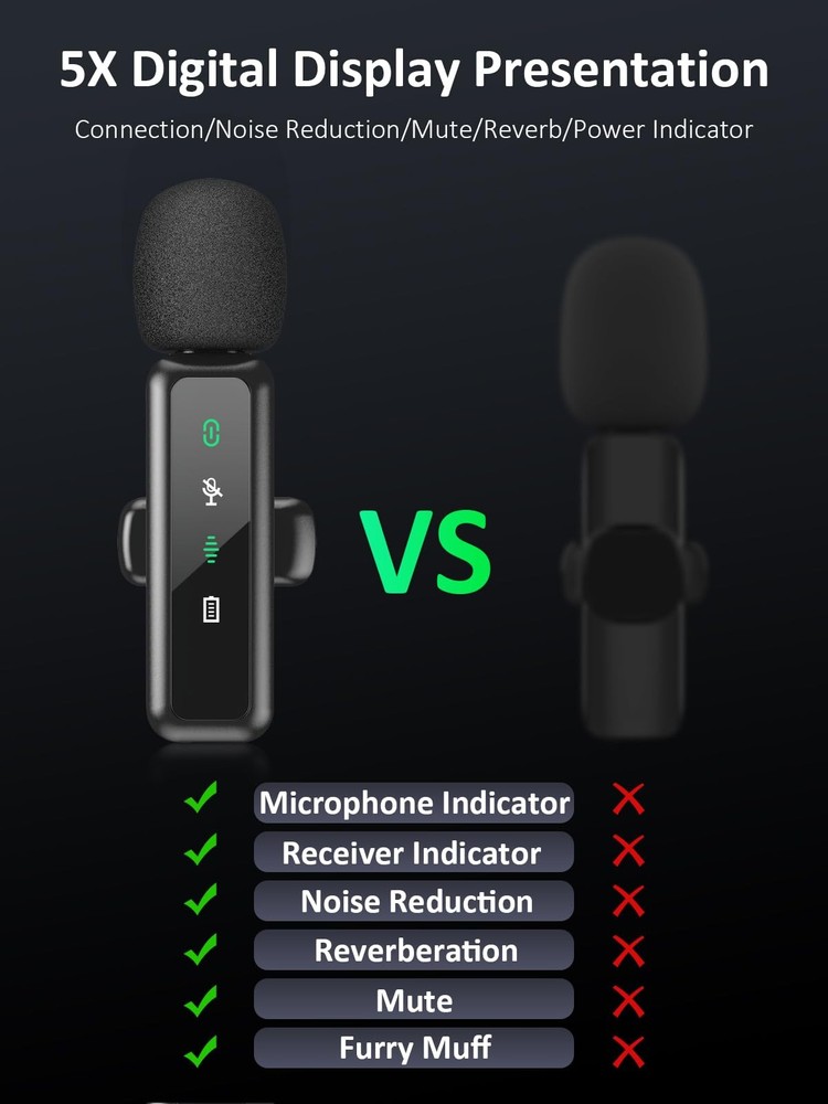 Wireless Lavalier Microphone for iPhone 5-14 Series, LED Display Small, Black