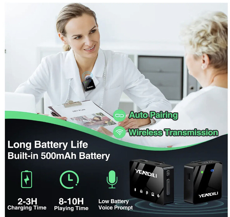 YENDILI Wireless Lavalier Microphone for iPhone Android 2.4G Mini Lapel Mic